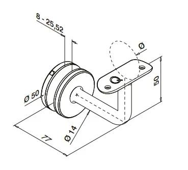 Käsijohteen kiinnityskappale lasiin, 8-17,5mm lasille, RST AISI 304