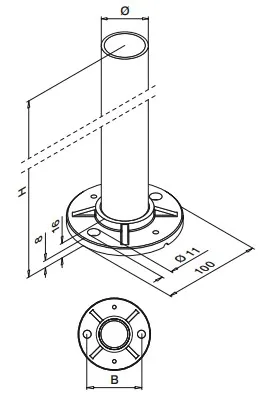 Kaidetolppa ilman reikää, h 970 mm putkelle 42,4x2 mm, AISI 304