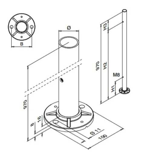 Kaidetolppa asenn.laip. , 2 kpl reikää h 970 mm, putkelle 42,4x2 mm, AISI 304