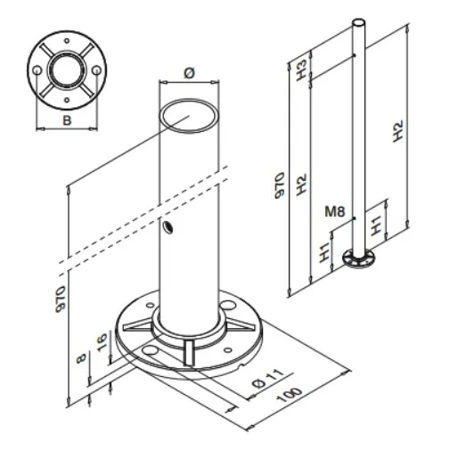 Kaidetolppa asenn.laip.180, 4 kpl reikää h 970 mm, putkelle 42,4x2 mm, AISI 304