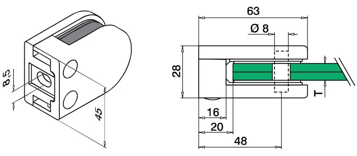 Kiinnityskappale, suoralle pinnalle 63x45 mm, 8-12mm lasille, AISI 304