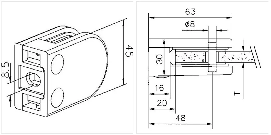 Kiinityskappale 45x63 mm, sinkkivalua 6-10 mm lasille, sinkkivalua