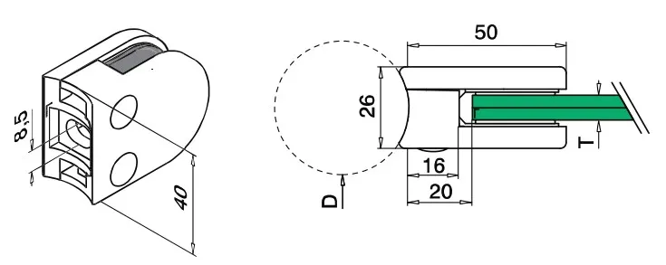 Kiinityskappale putkelle 42,4mm, 50x40mm, lasille 6-8mm, RST AISI304