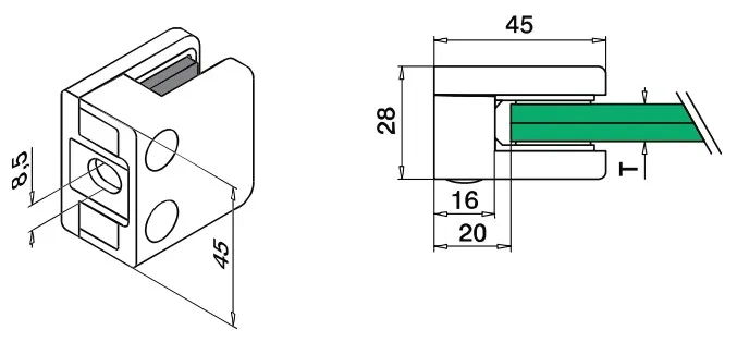 Kiinnityskappale 45x45 mm, suor.pintaan RST AISI3054, lasille 8-10 lasille