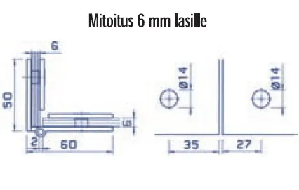 Lasi-lasiin sarana, puolipyöreä 6 mm lasille, matta kromi