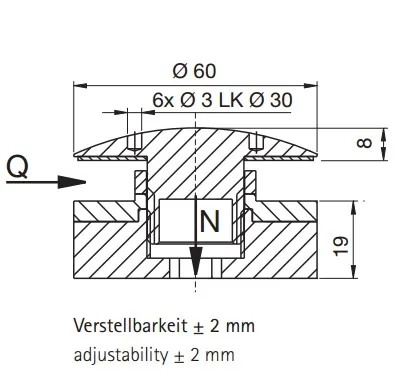 Kinnityskappale D60 mm lasille 8 - 24 mm, RST AISI 304