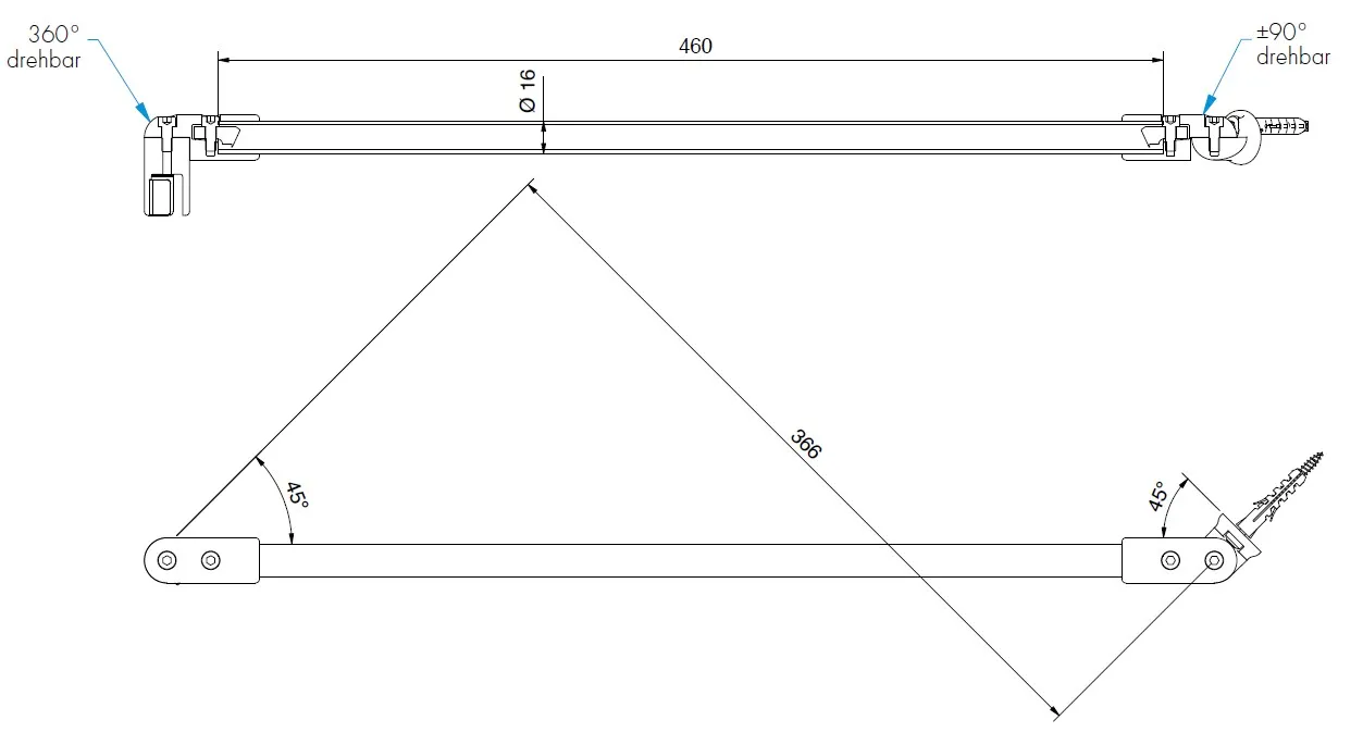 Stabilointivarsi Ø16mm, G-W 45° L=460 mm, lasille 6-10mm,  kiiltävä kromi