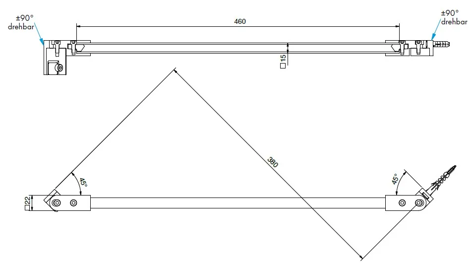 Stabilointivarsi pituus 460mm, seinä-lasi 45° matta musta