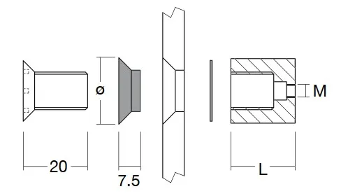 Pistekiinnityshela, senkki 4x45, M6&amp;quot; L: 20mm, RST AISI303